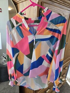 Fate Colorful Art Deco Print Long Sleeve Blouse Size Small